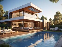 AI generated A modern house situated in the heart of a bustling cityscape photo