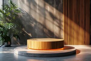 AI generated A minimalist podium inspired by nature, with a sleek wooden texture photo