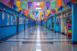 AI generated A school hallway abuzz with excitement photo