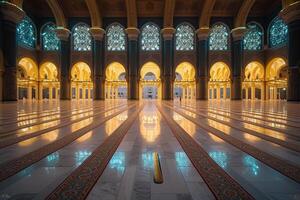 un grande mezquita, vacío habitación con un oro y azul arco foto