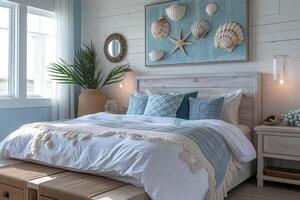 AI generated A coastal-style bedroom sanctuary, featuring coastal-themed decor accents photo