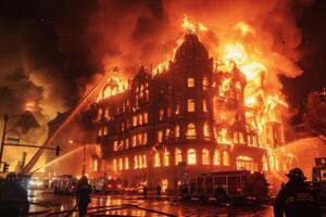 ai generado edificio atrapado en llamas foto