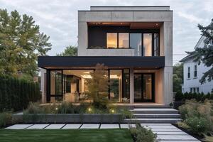 AI generated A modern minimalist house tucked away on a quiet street in the heart of the city photo