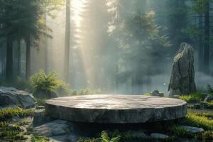 AI generated A sleek podium with craggy rock formations photo