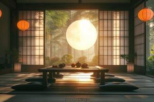 AI generated A Zen-inspired dining room with clean lines, natural materials photo