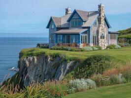 AI generated A farmhouse perched atop a windswept bluff overlooking the ocean photo