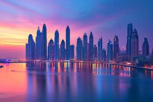 AI generated City skyline of Dubai at dusk photo