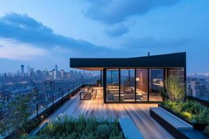 AI generated A modern minimalist house perched on a rooftop overlooking the city skyline photo