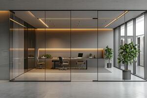 AI generated A minimalist modern office featuring a glass partition wall photo