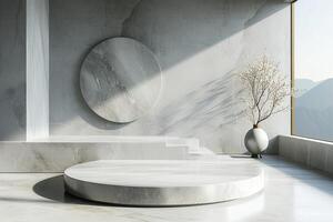 AI generated A minimalist podium featuring luxurious marble textures photo