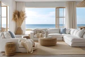 AI generated A coastal-style living room oasis, featuring panoramic ocean views photo