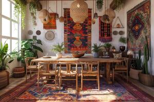 AI generated A bohemian-style dining room with eclectic furnishings photo