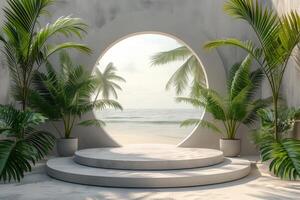 AI generated A sleek podium adorned with elements reminiscent of a serene beach photo