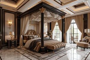 AI generated A luxury bedroom design, featuring marble flooring, coffered ceilings photo