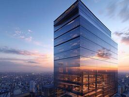 AI generated A contemporary office tower featuring a glass-clad facade that reflects the surrounding cityscape photo