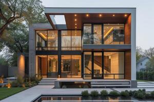 AI generated A modern minimalist house seamlessly integrated into the fabric of downtown photo