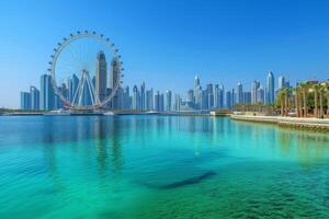 AI generated City skyline of Dubai from the serene shores of JBR Beach photo