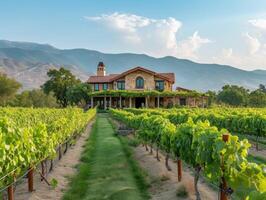 AI generated A ranch house surrounded by rows of grapevines photo