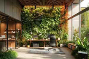 AI generated A creative office space inspired by nature, featuring biophilic design elements photo