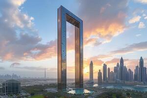 AI generated City skyline of Dubai from the perspective of the Dubai Frame photo