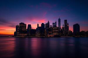 ai generado el impresionante nuevo York ciudad horizonte a oscuridad foto