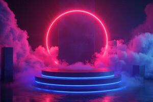 AI generated A podium with neon accents that create a sense of movement and dynamism photo