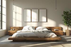 AI generated A minimalist-style bedroom, featuring a platform bed, clean lines photo