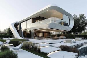 AI generated A modern house where robotics and automation are seamlessly integrated into every aspect of the exterior design photo