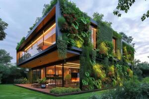 ai generado un moderno casa con un futurista exterior cubierto en lozano vertical jardines, creando un verde oasis en el corazón de el ciudad foto