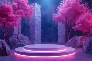 AI generated A sleek podium characterized by its minimalist neon trees photo