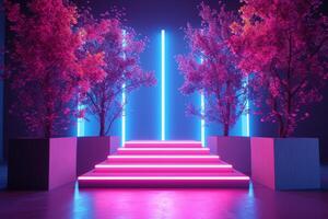 AI generated A minimalist podium adorned with slender neon trees photo