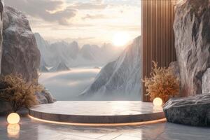 AI generated A nature-themed podium that reflects the timeless beauty of the mountains photo