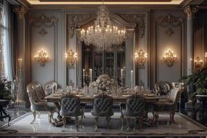 AI generated A luxurious depiction of a formal dining room with opulent finishes photo