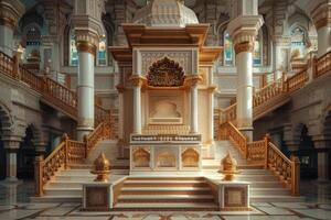 A regal minbar and pulpit within an ornate mosque photo
