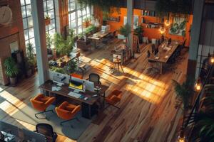 AI generated A coworking hub, featuring shared workspaces, networking events photo