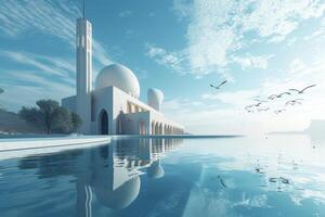 A beautiful blue ocean with a white mosque building in the background photo