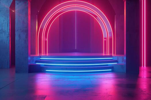 AI generated A podium with neon accents that create a sense of movement and dynamism photo