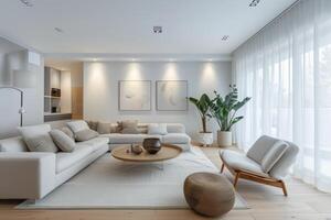 AI generated A minimalist living room, characterized by clean lines photo