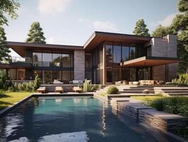 AI generated A modern house nestled within a serene countryside setting photo