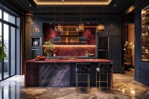 AI generated Art Deco kitchen with rich jewel tones, geometric patterns, and luxurious finishes photo