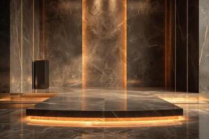 AI generated A podium with minimalist design features, accented by luxurious marble textures photo