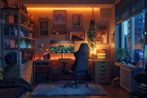 AI generated A gamer's bedroom with accent lighting focused on the gaming setup photo