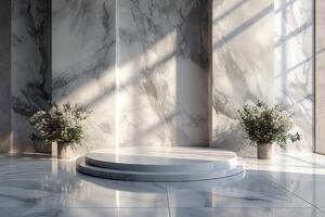 AI generated A minimalist podium adorned with elegant marble textures photo