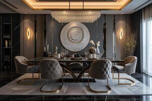 AI generated Art Deco dining room with a monochromatic color palette photo