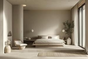 AI generated A minimalist-style bedroom retreat, featuring minimalist furniture designs photo