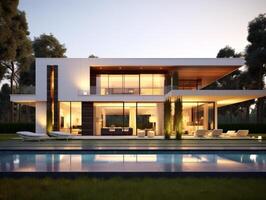 AI generated A minimalist modern house nestled within a serene landscape photo