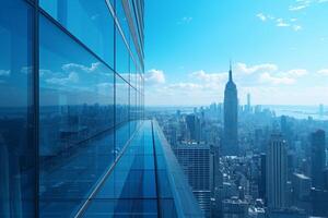 ai generado encima un vecino rascacielos, visitantes disfrutar un panorámico ver de el ciudad horizonte con el azul vaso oficina torre como sus habitación central foto