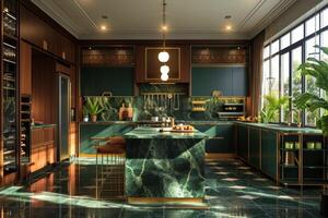 AI generated Art Deco kitchen with rich jewel tones, geometric patterns, and luxurious finishes photo