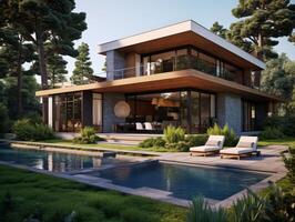 AI generated A modern house nestled within a lush urban park, surrounded by towering trees photo