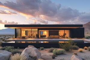 AI generated A modern house set against the backdrop of a vast desert landscape photo